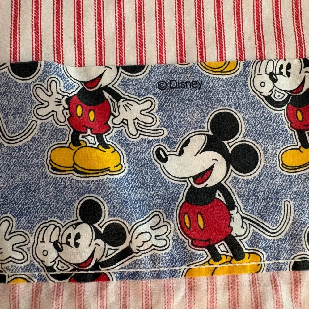 Vtg Disney‎ Mickey Bedding Flat Sheet Full Red White Ticking Stripe Cottage USA